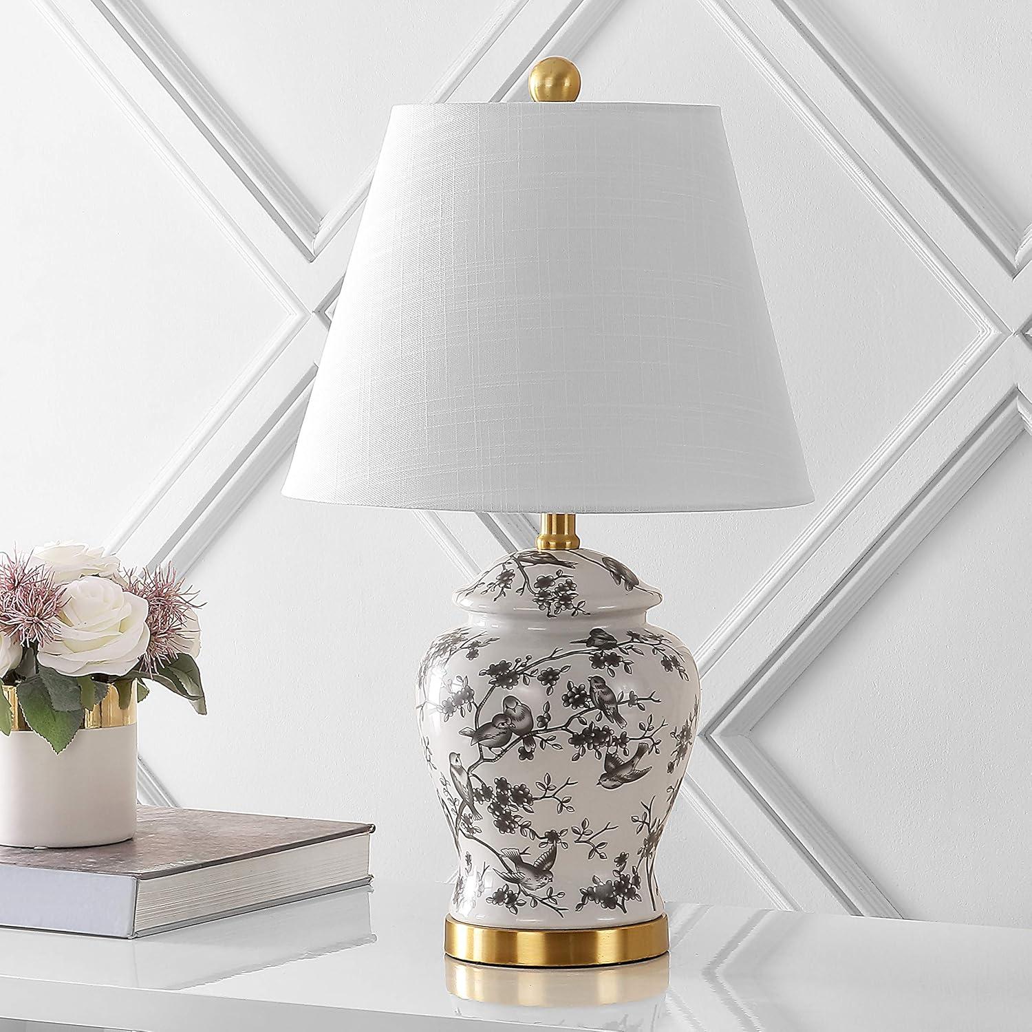 image:imageJONATHAN Y 22 GreenWhite Ceramic Table Lamp French Country Chinoiserie Ginger Jar LED Bedside Lamp for Living Room Bedroom White Linen Shade JYL3005EGrayWhite