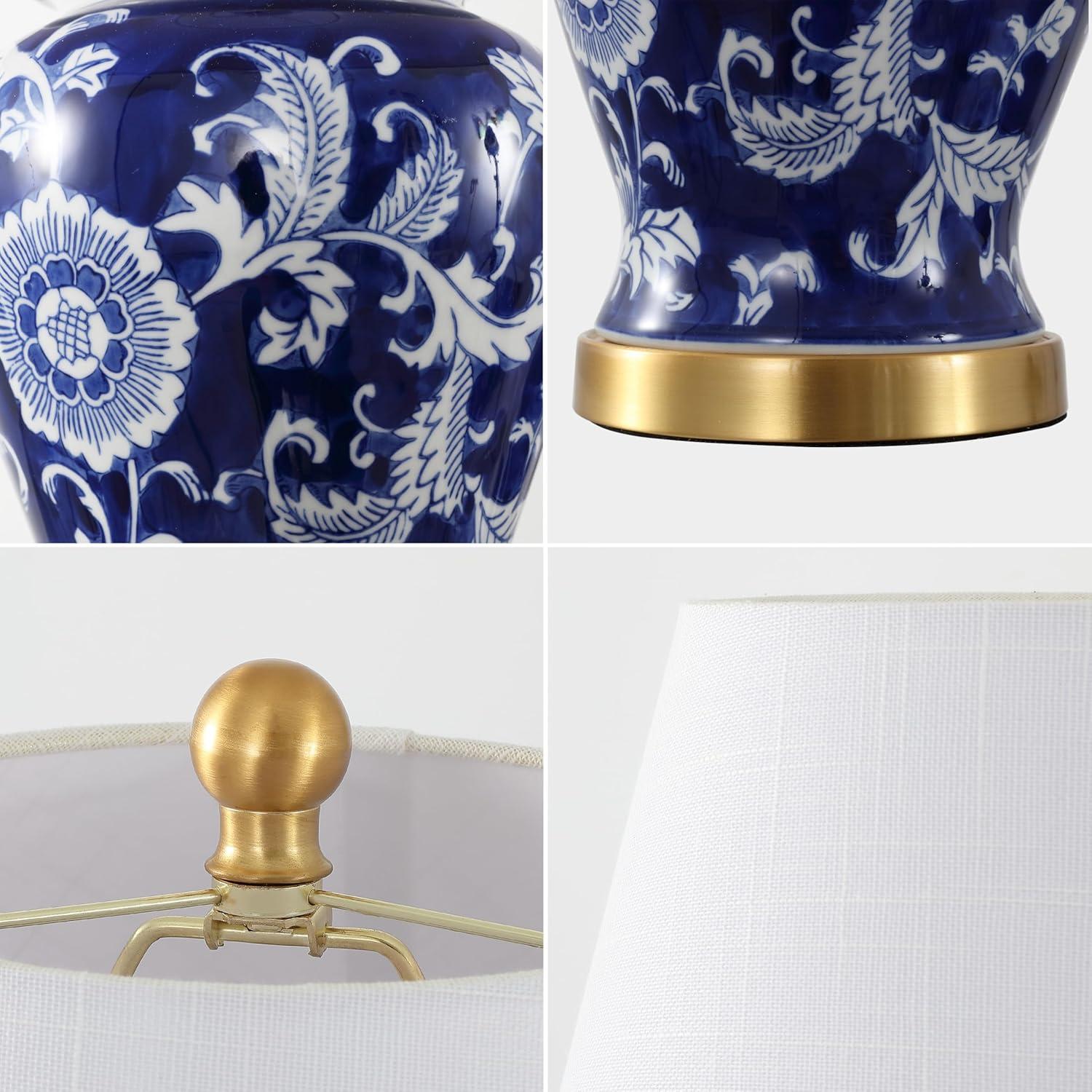 image:imageJONATHAN Y 22 GreenWhite Ceramic Table Lamp French Country Chinoiserie Ginger Jar LED Bedside Lamp for Living Room Bedroom White Linen Shade JYL3005ENavyWhite