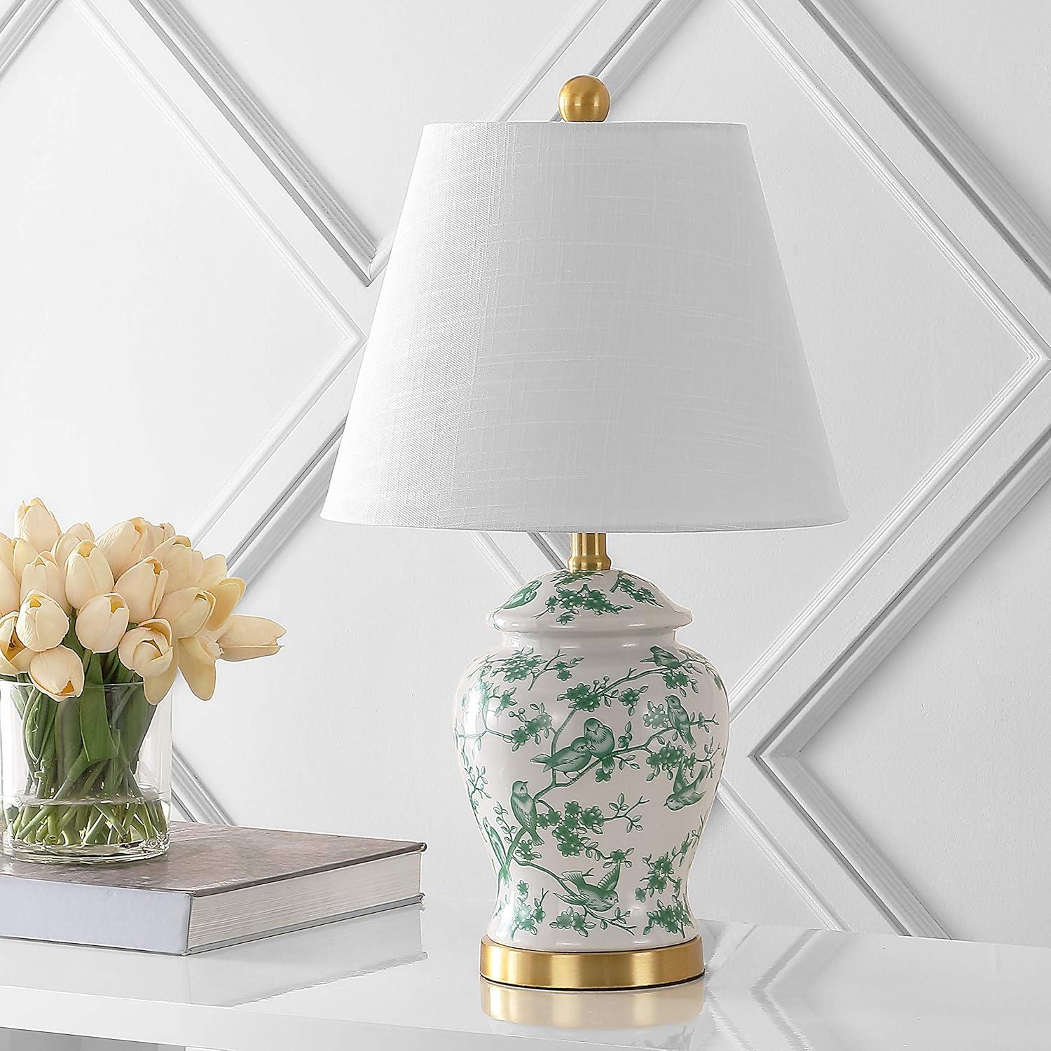 image:imageJONATHAN Y 22 GreenWhite Ceramic Table Lamp French Country Chinoiserie Ginger Jar LED Bedside Lamp for Living Room Bedroom White Linen Shade JYL3005EWhiteGreen