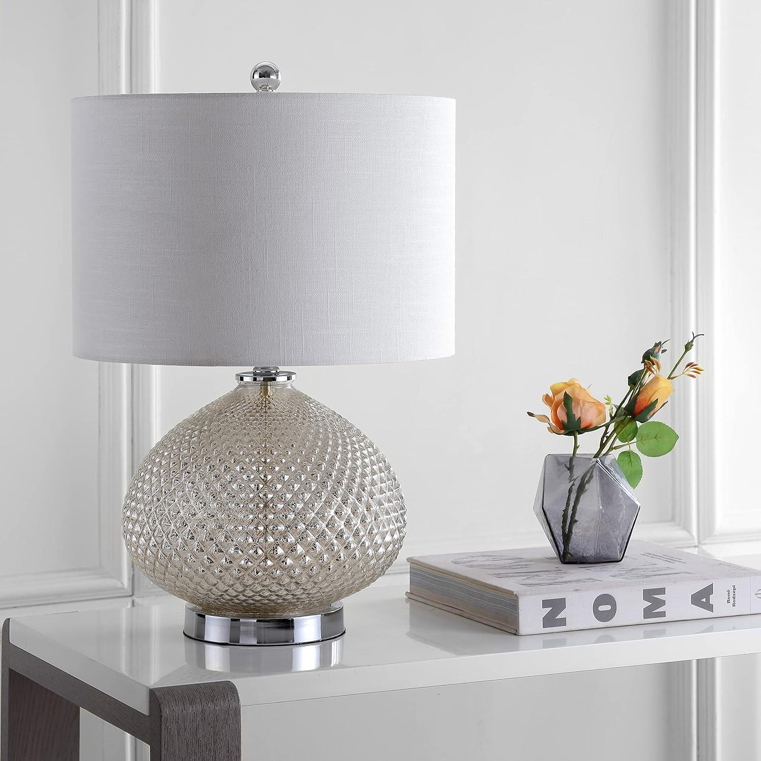 image:imageJONATHAN Y 225 Mercury Silver Textured Glass Table Lamp Contemporary Nightstand Lamp for Living Room Bedroom White Linen Drum Shade LED Bulb Included JYL1082A