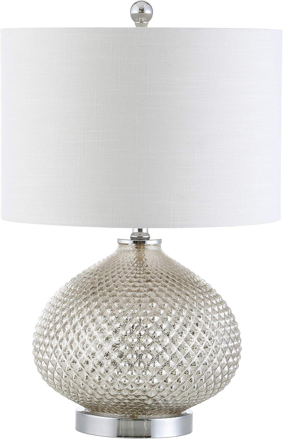 image:imageJONATHAN Y 225 Mercury Silver Textured Glass Table Lamp Contemporary Nightstand Lamp for Living Room Bedroom White Linen Drum Shade LED Bulb Included JYL1082A