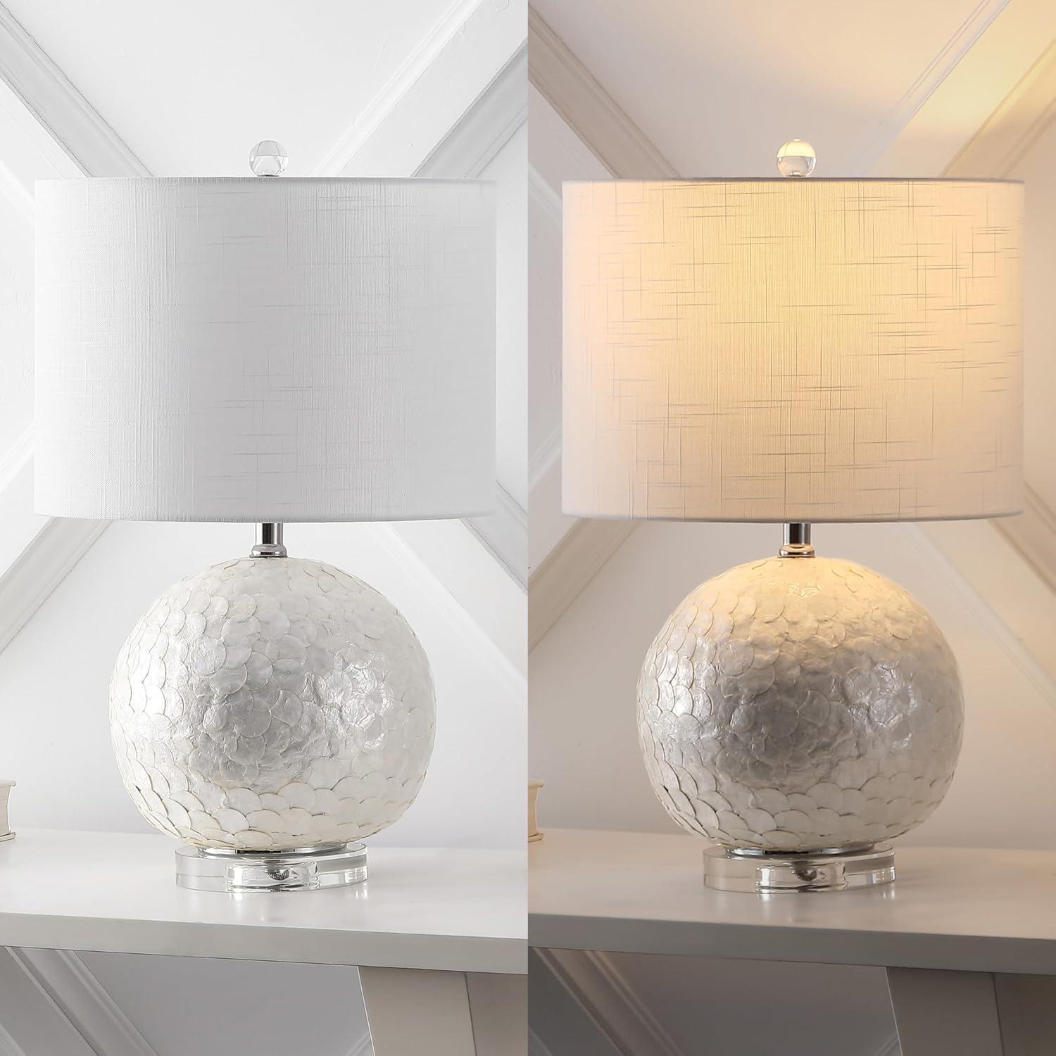 image:imageJONATHAN Y 235 Pearl White Coastal Capiz Seashell Sphere LED Table Lamp Contemporary Round Table Lamp with White Linen Drum Shade and Crystal Base LED Bulb Included JYL1055A