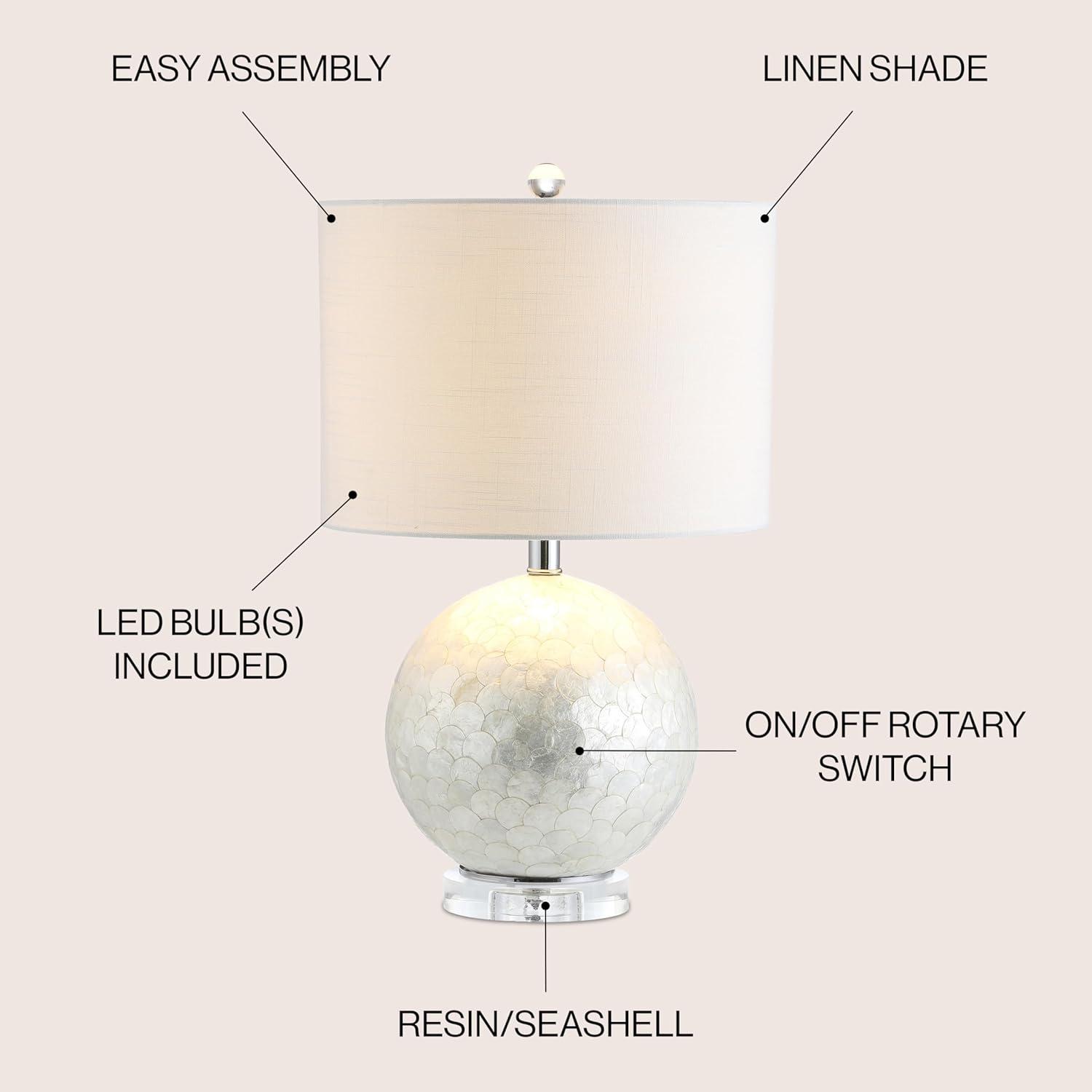 image:imageJONATHAN Y 235 Pearl White Coastal Capiz Seashell Sphere LED Table Lamp Contemporary Round Table Lamp with White Linen Drum Shade and Crystal Base LED Bulb Included JYL1055A