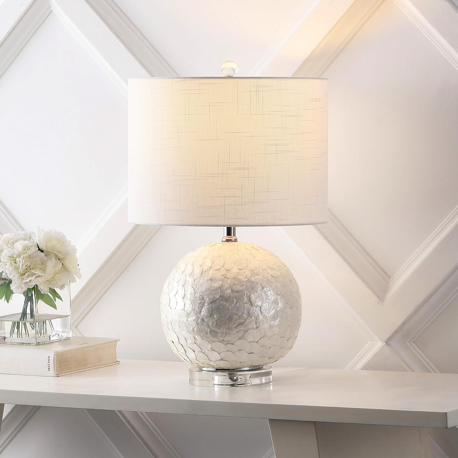 image:imageJONATHAN Y 235 Pearl White Coastal Capiz Seashell Sphere LED Table Lamp Contemporary Round Table Lamp with White Linen Drum Shade and Crystal Base LED Bulb Included JYL1055A