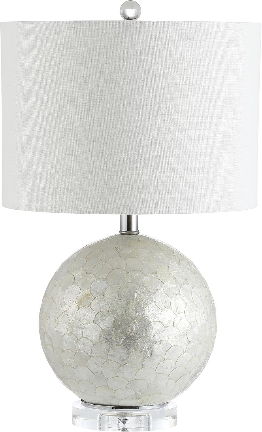 image:imageJONATHAN Y 235 Pearl White Coastal Capiz Seashell Sphere LED Table Lamp Contemporary Round Table Lamp with White Linen Drum Shade and Crystal Base LED Bulb Included JYL1055A