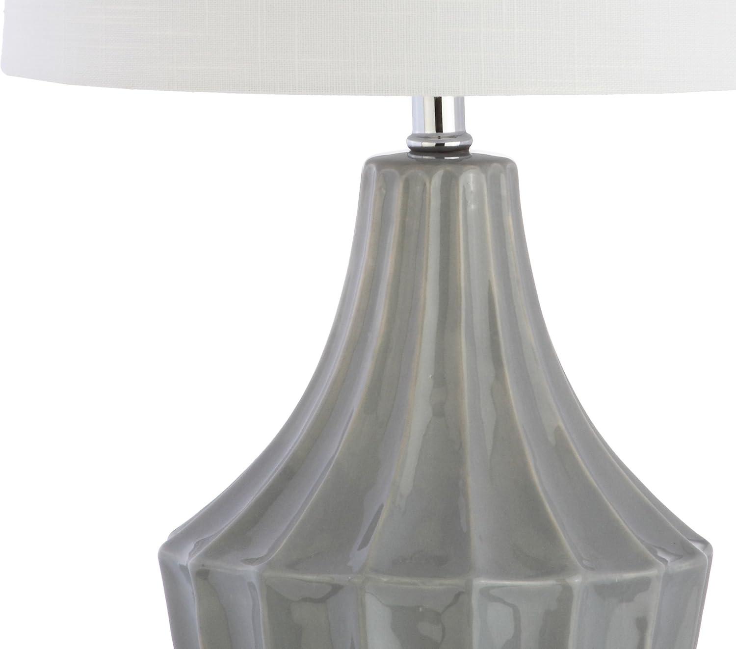 image:imageJONATHAN Y 245 Cream Ceramic Table Lamp for Bedroom Modern Bedside Desk Lamp White Linen Drum Shade Fluted Gourd for Living Room LED Bulb Included JYL8018CGray