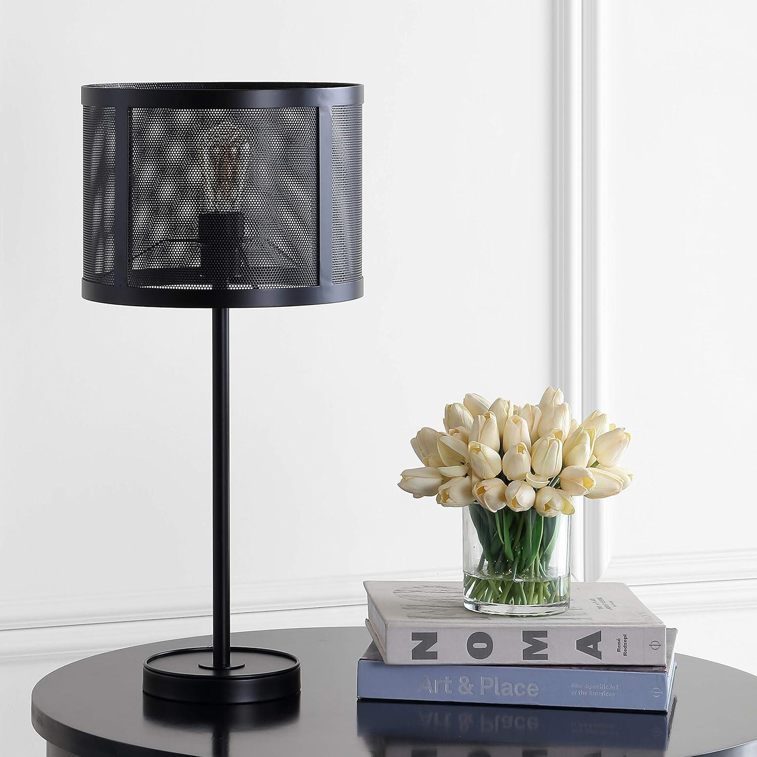 image:imageJONATHAN Y 25 Black Minimalist Metal LED Table Lamp Modern Industrial Iron Desk Lamp for Living Room Bedroom Round Metal Screen Drum Shade LED Bulb Included JYL1102A