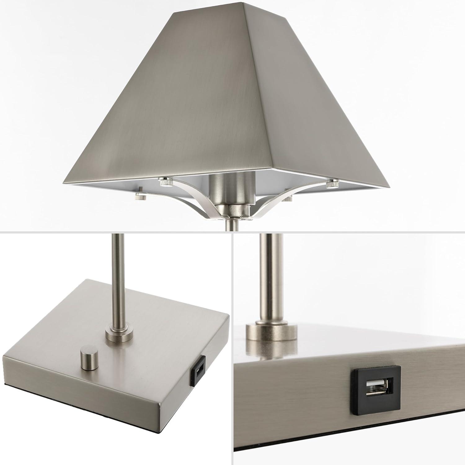 image:imageJONATHAN Y 25 Nickel Industrial Iron Pyramid Bedside LED Table Lamp with USB Charging Port Modern Minimalist Lamp for Bedroom Home Office LED Bulb Included JYL6017A