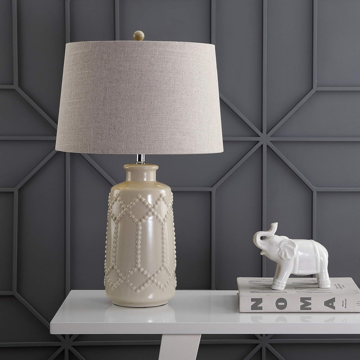 image:imageJONATHAN Y 26 Cream Textured Ceramic Table Lamp Transitional Boho Geometric Trellis Bedside Lamp for Bedroom Living Room Gray Linen Drum Shade LED Bulb Included JYL4018A