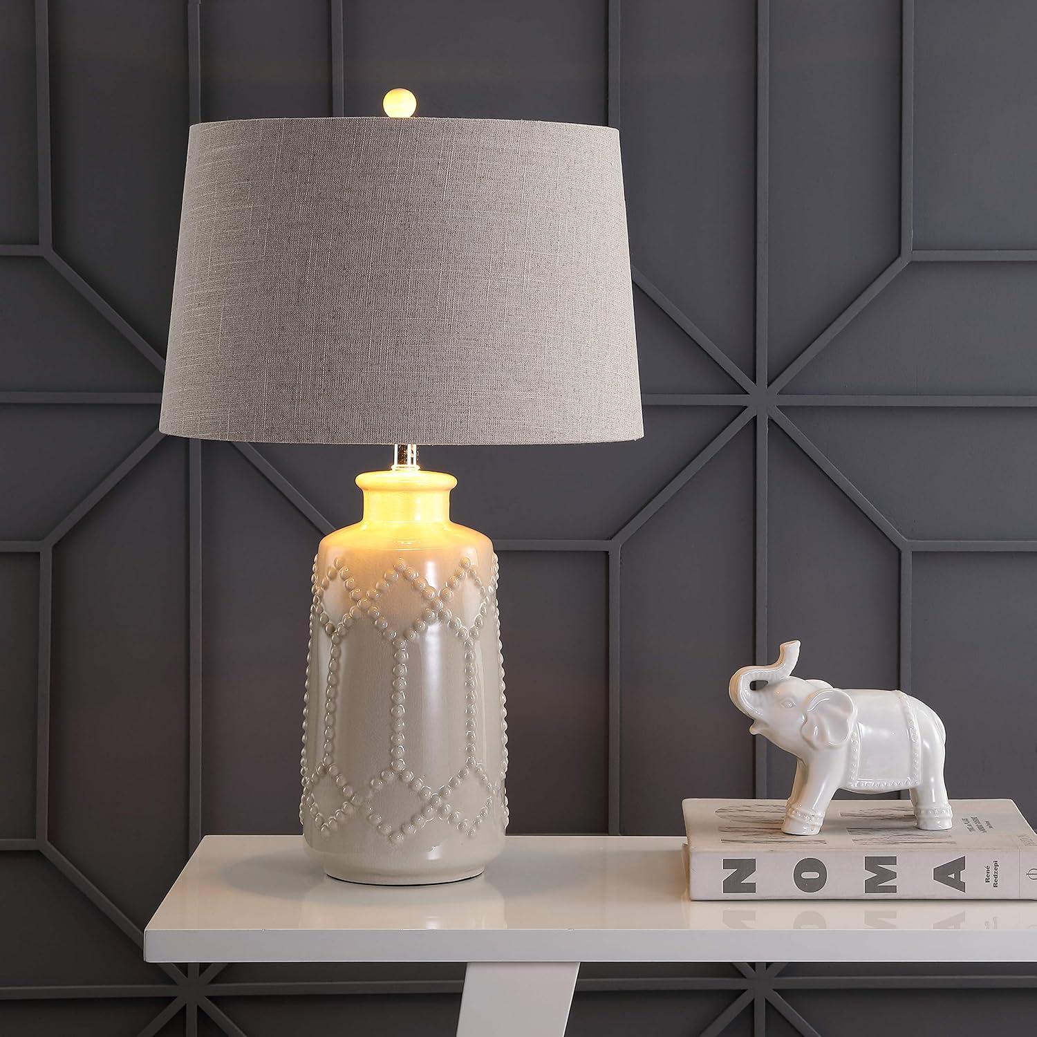 image:imageJONATHAN Y 26 Cream Textured Ceramic Table Lamp Transitional Boho Geometric Trellis Bedside Lamp for Bedroom Living Room Gray Linen Drum Shade LED Bulb Included JYL4018A