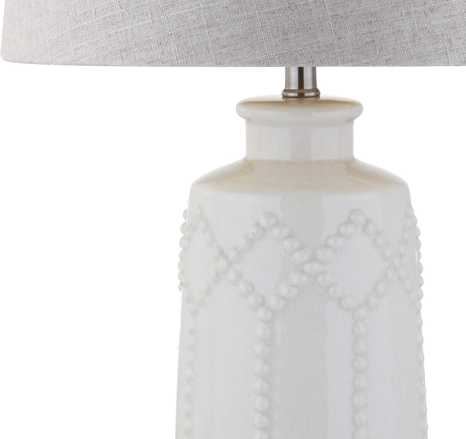 image:imageJONATHAN Y 26 Cream Textured Ceramic Table Lamp Transitional Boho Geometric Trellis Bedside Lamp for Bedroom Living Room Gray Linen Drum Shade LED Bulb Included JYL4018A