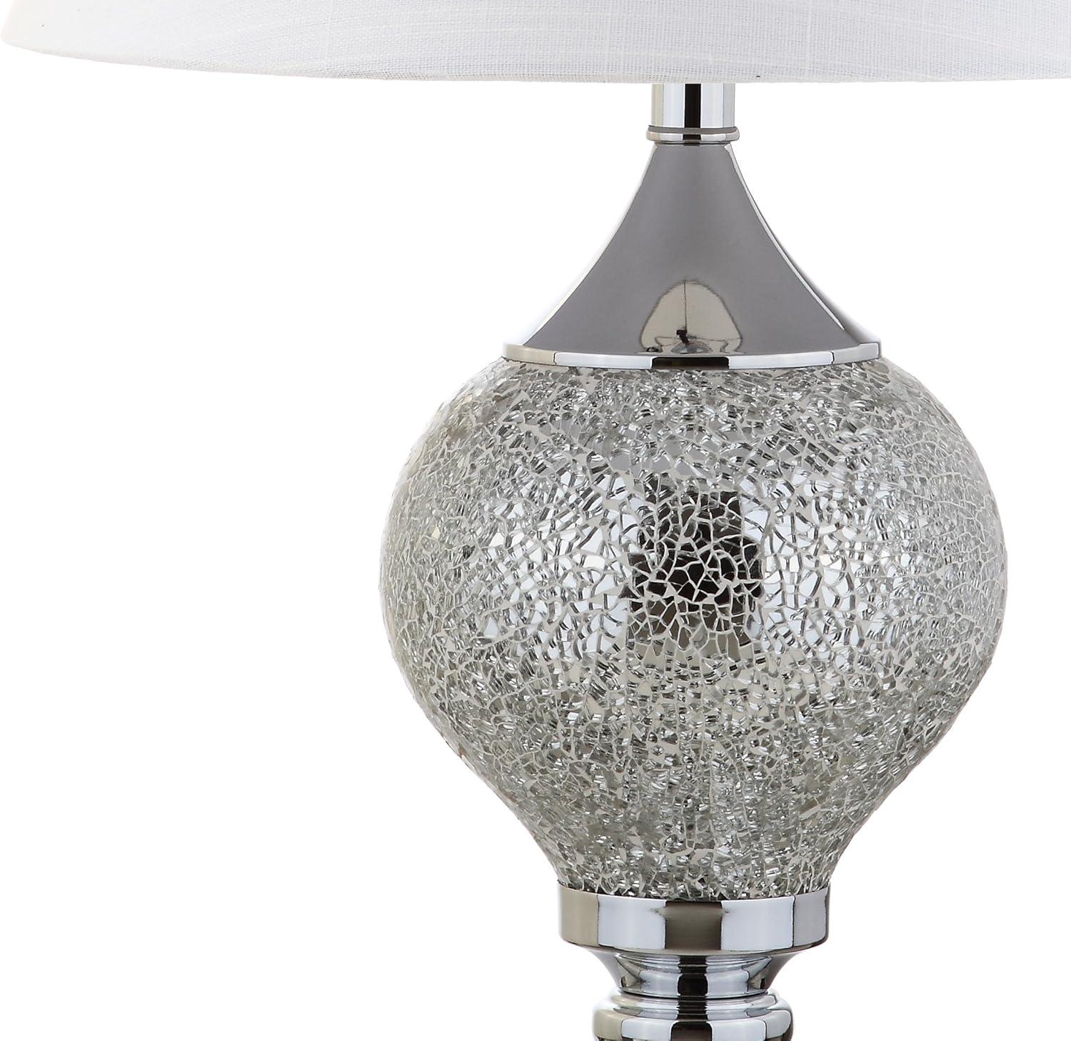 image:imageJONATHAN Y 27 Silver Mirrored Mosaic Table Lamp Glam Contemporary Chrome Iron Spindle Lamp with White Linen Empire Shade for Living Room Bedroom LED Bulb Included JYL4008A