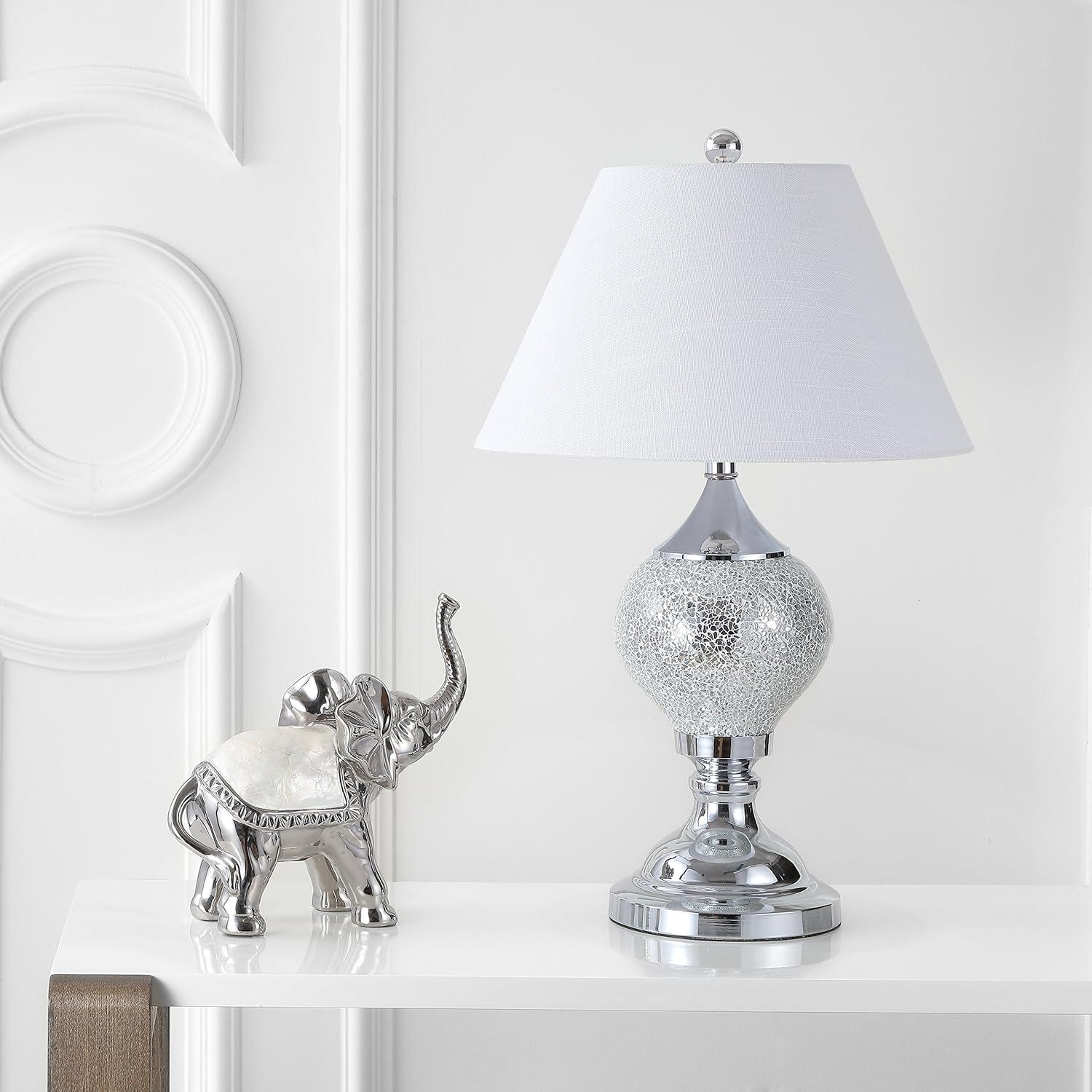 image:imageJONATHAN Y 27 Silver Mirrored Mosaic Table Lamp Glam Contemporary Chrome Iron Spindle Lamp with White Linen Empire Shade for Living Room Bedroom LED Bulb Included JYL4008A