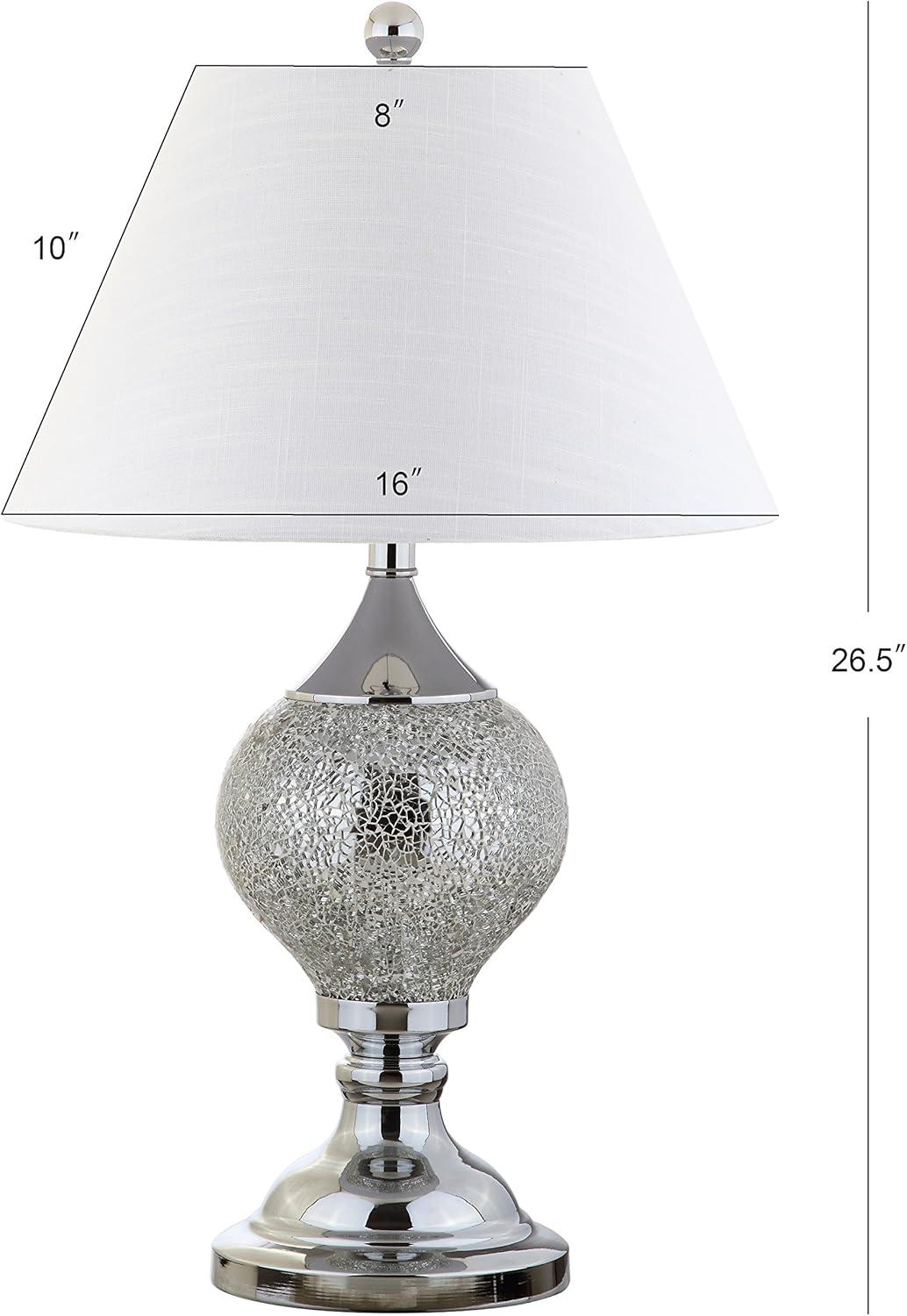 image:imageJONATHAN Y 27 Silver Mirrored Mosaic Table Lamp Glam Contemporary Chrome Iron Spindle Lamp with White Linen Empire Shade for Living Room Bedroom LED Bulb Included JYL4008A