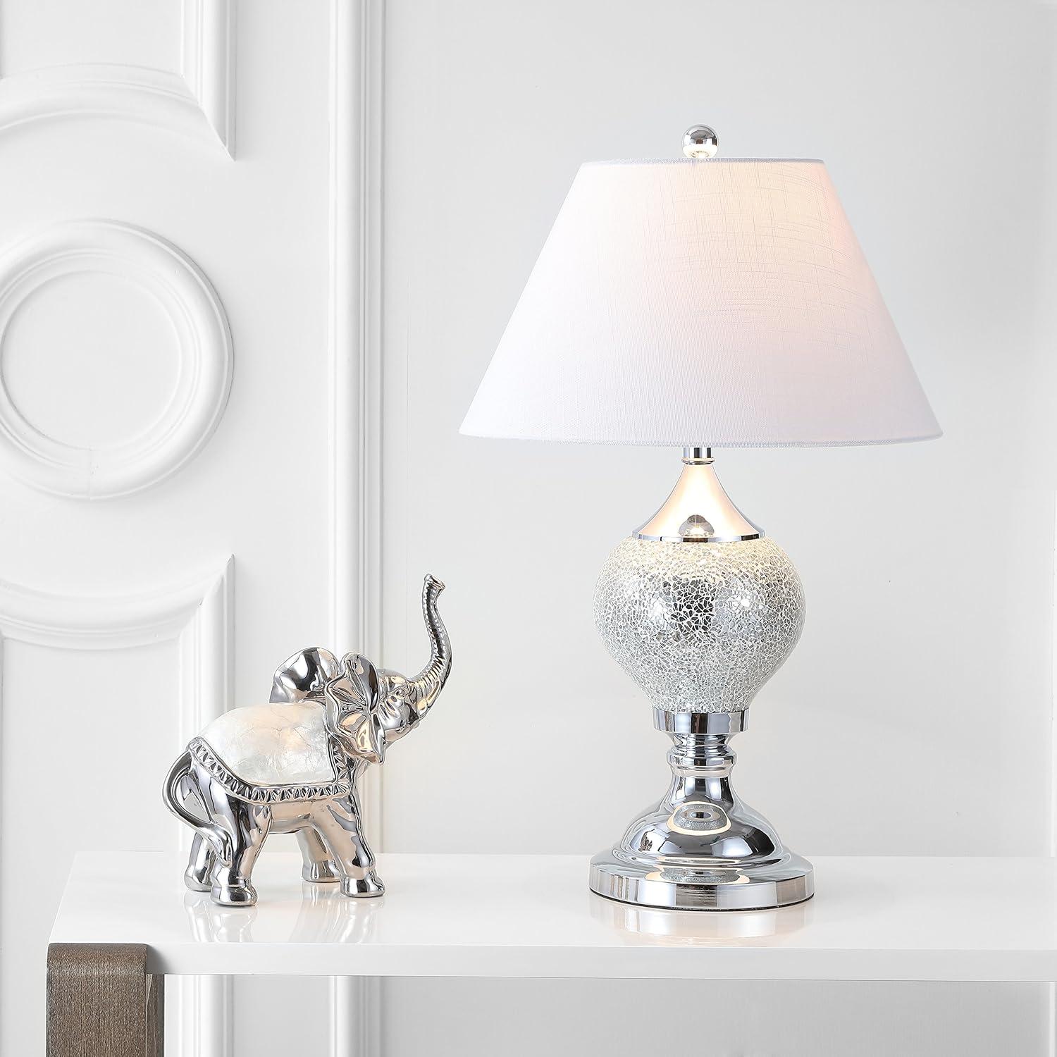 image:imageJONATHAN Y 27 Silver Mirrored Mosaic Table Lamp Glam Contemporary Chrome Iron Spindle Lamp with White Linen Empire Shade for Living Room Bedroom LED Bulb Included JYL4008A