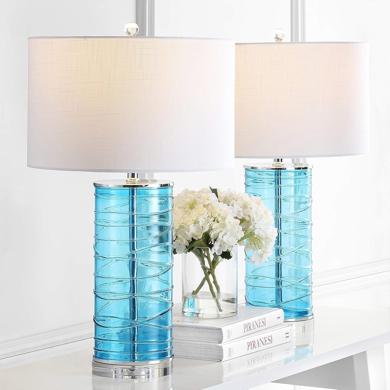 image:imageJONATHAN Y 275 Clear Modern Fused Glass Table Lamp Set of 2 for Bedroom Living Room Coastal Nightstand Bedside Lamp with White Linen Shade LED Bulbs Included JYL4016BSET2Turquoise