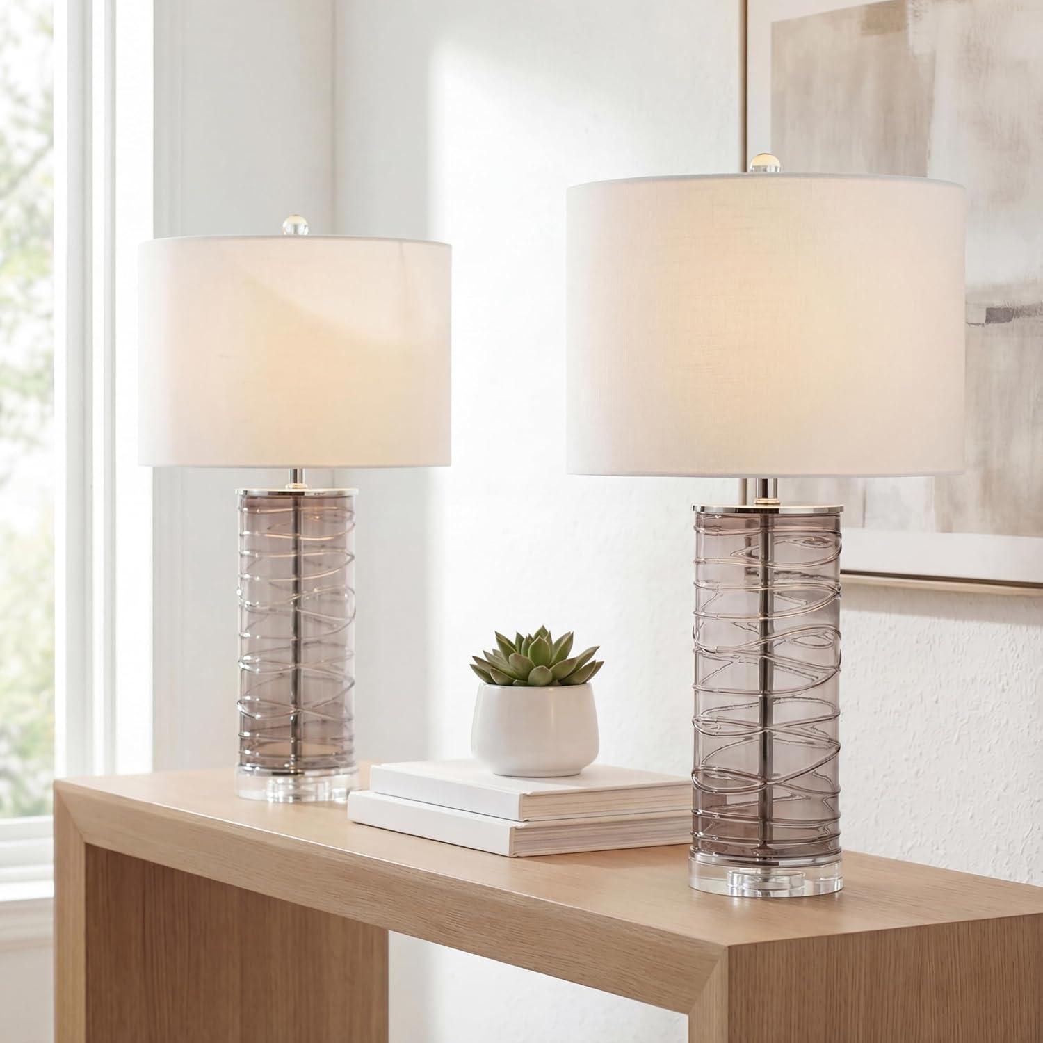 image:imageJONATHAN Y 275 Clear Modern Fused Glass Table Lamp Set of 2 for Bedroom Living Room Coastal Nightstand Bedside Lamp with White Linen Shade LED Bulbs Included JYL4016BSET2Smoky Gray