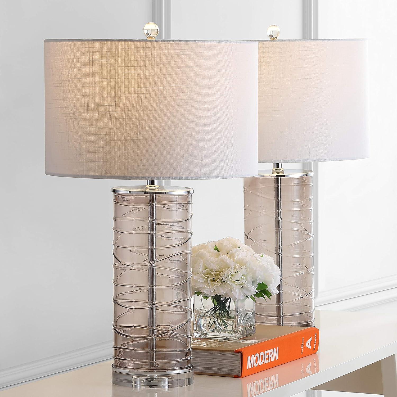 image:imageJONATHAN Y 275 Clear Modern Fused Glass Table Lamp Set of 2 for Bedroom Living Room Coastal Nightstand Bedside Lamp with White Linen Shade LED Bulbs Included JYL4016BSET2Smoky Gray
