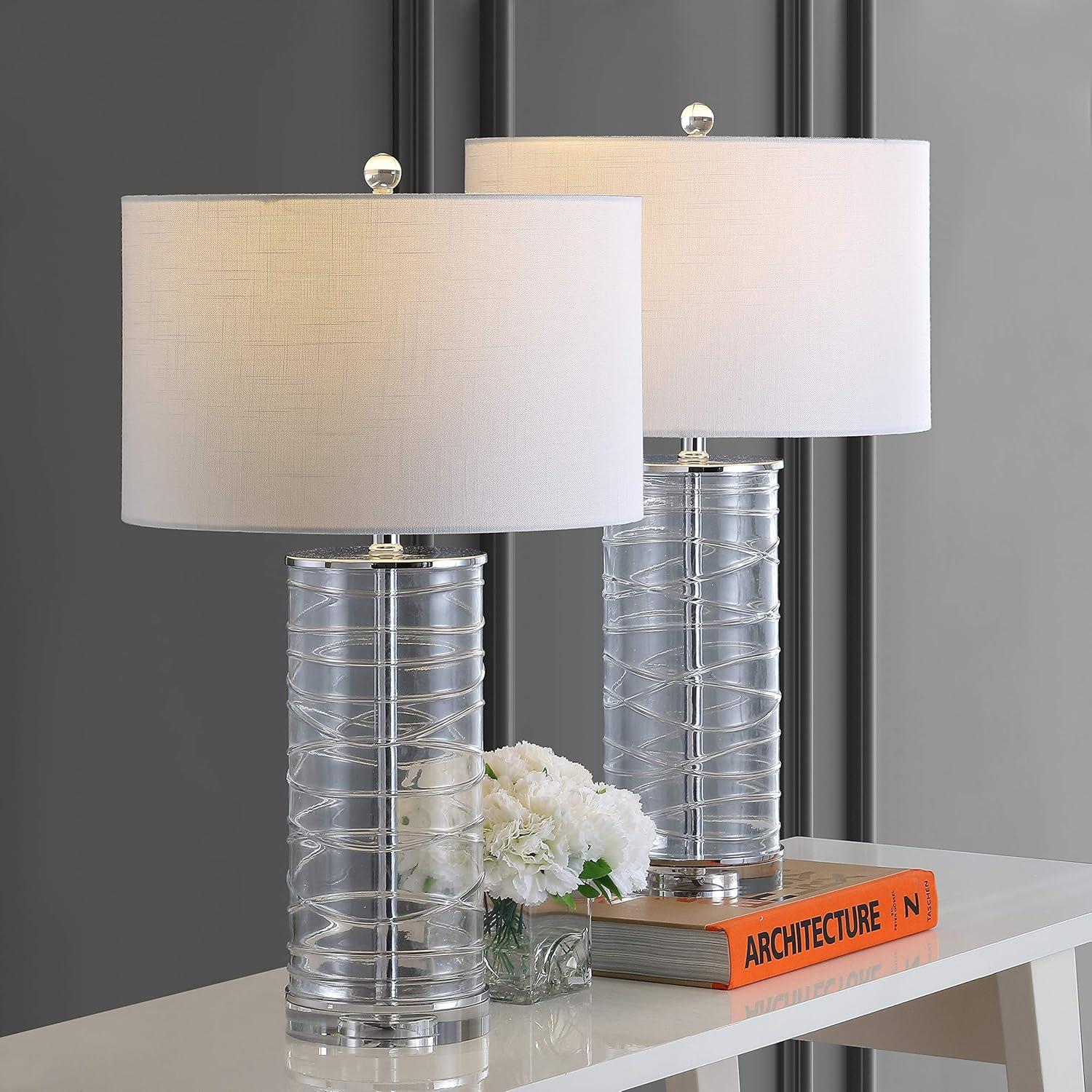 image:imageJONATHAN Y 275 Clear Modern Fused Glass Table Lamp Set of 2 for Bedroom Living Room Coastal Nightstand Bedside Lamp with White Linen Shade LED Bulbs Included JYL4016BSET2Clear