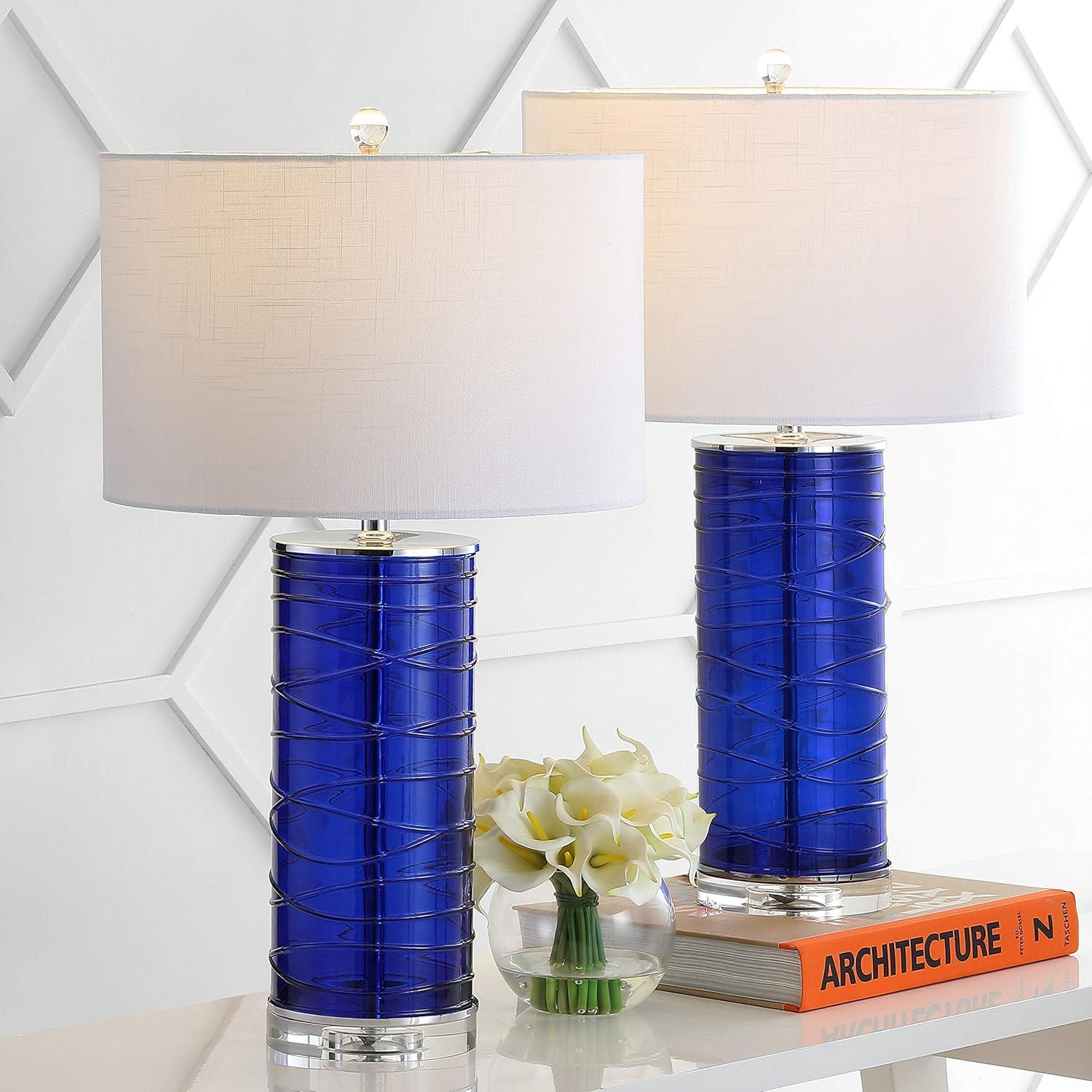 image:imageJONATHAN Y 275 Clear Modern Fused Glass Table Lamp Set of 2 for Bedroom Living Room Coastal Nightstand Bedside Lamp with White Linen Shade LED Bulbs Included JYL4016BSET2Cobalt