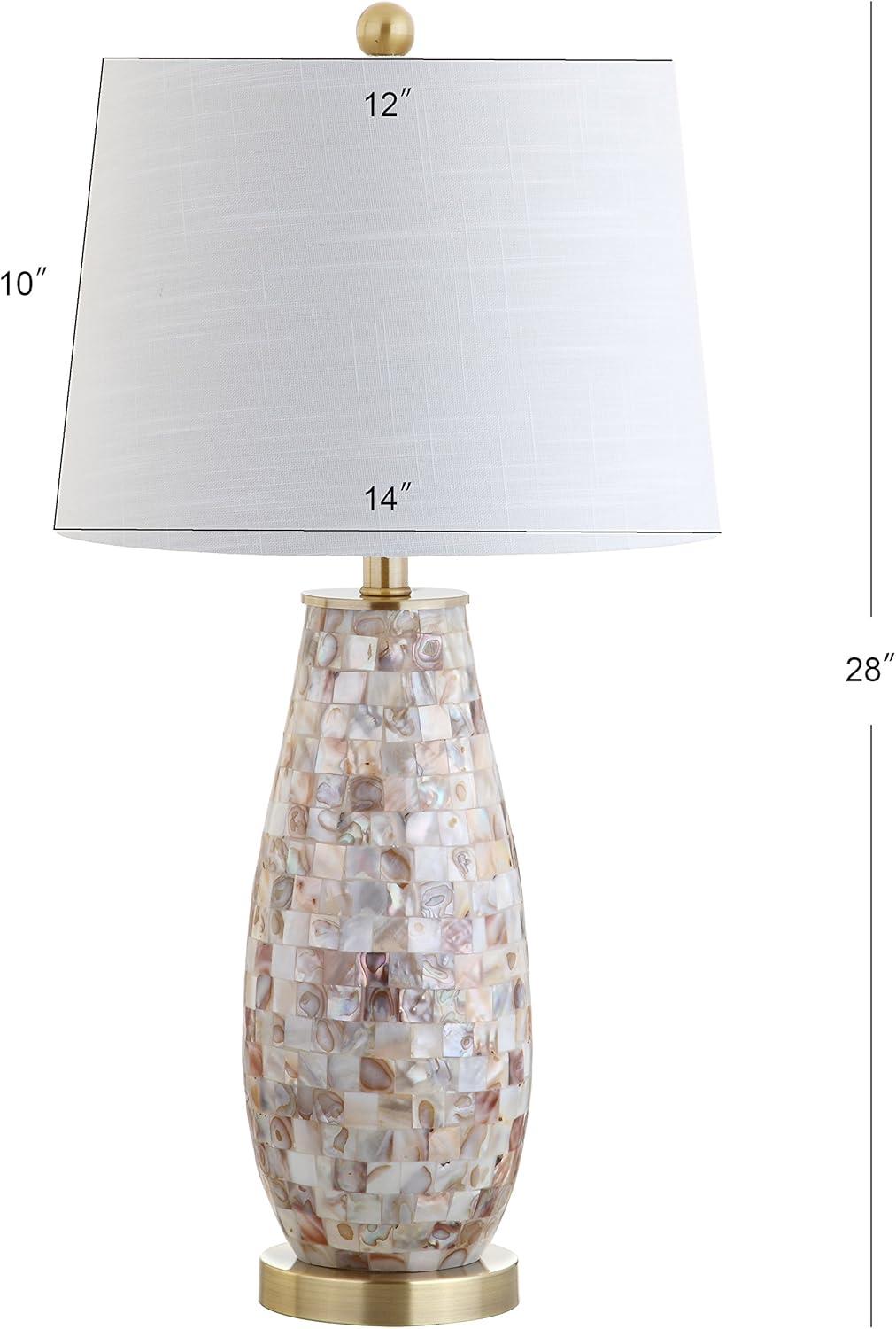 image:imageJONATHAN Y 28 Natural Mosaic Seashell Table Lamp Coastal Contemporary Resin Lamp for Living Room Bedroom White Linen Shade Brass Gold Accents LED Bulb Included JYL4005A