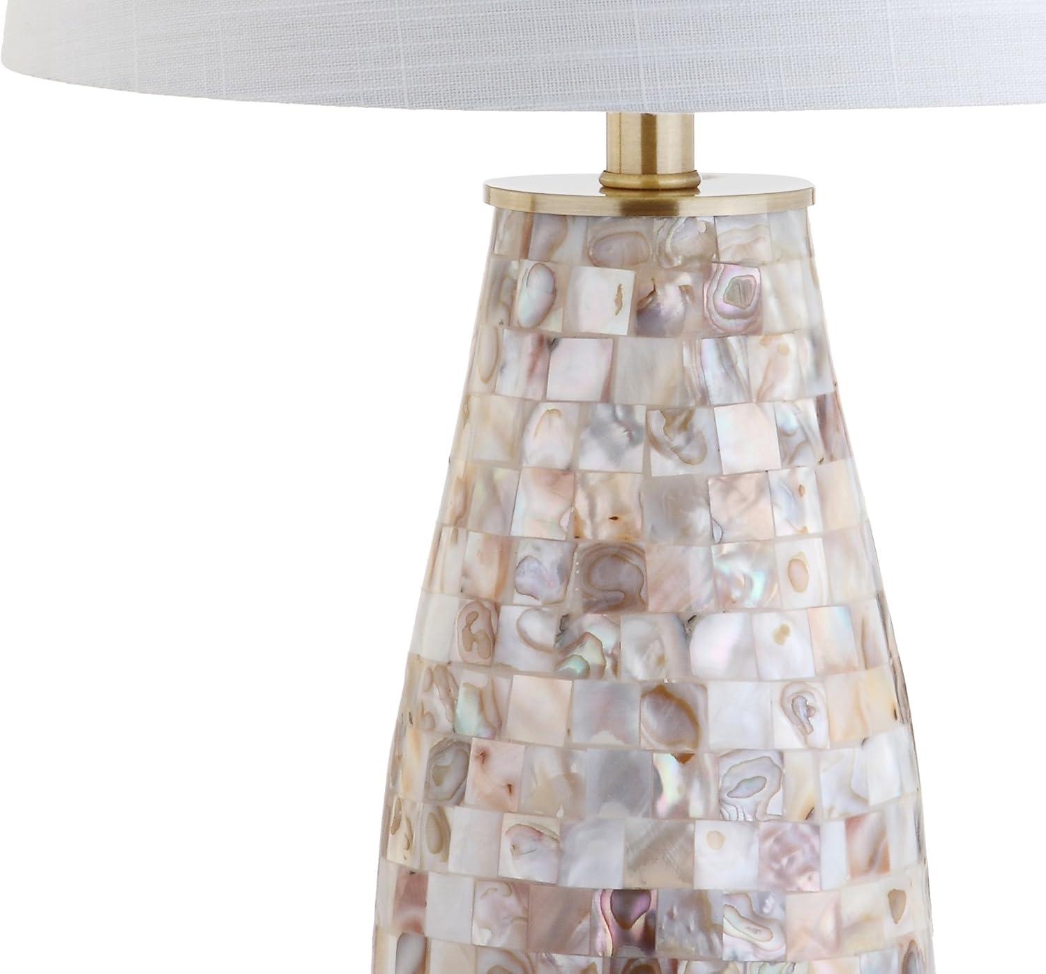 image:imageJONATHAN Y 28 Natural Mosaic Seashell Table Lamp Coastal Contemporary Resin Lamp for Living Room Bedroom White Linen Shade Brass Gold Accents LED Bulb Included JYL4005A