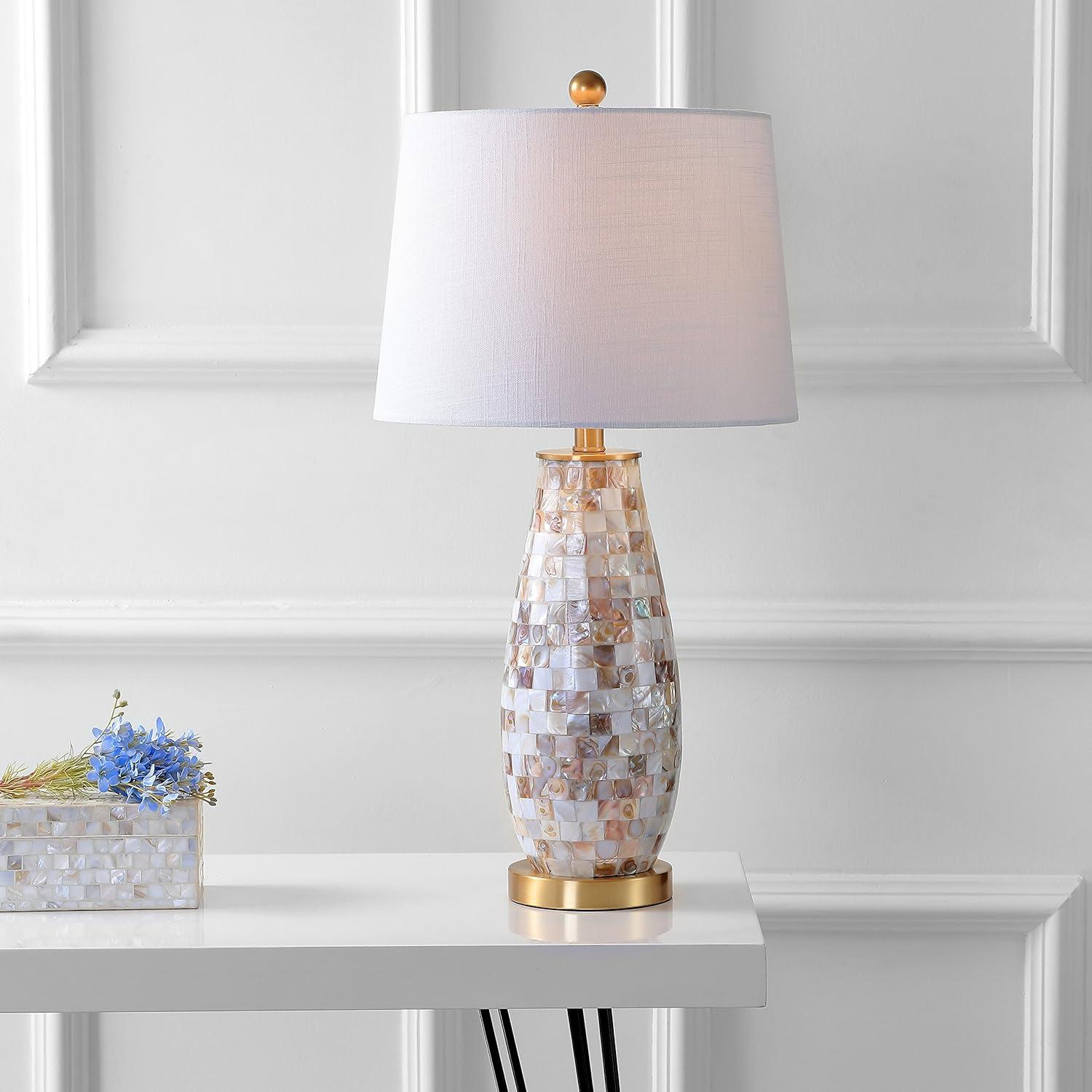image:imageJONATHAN Y 28 Natural Mosaic Seashell Table Lamp Coastal Contemporary Resin Lamp for Living Room Bedroom White Linen Shade Brass Gold Accents LED Bulb Included JYL4005A