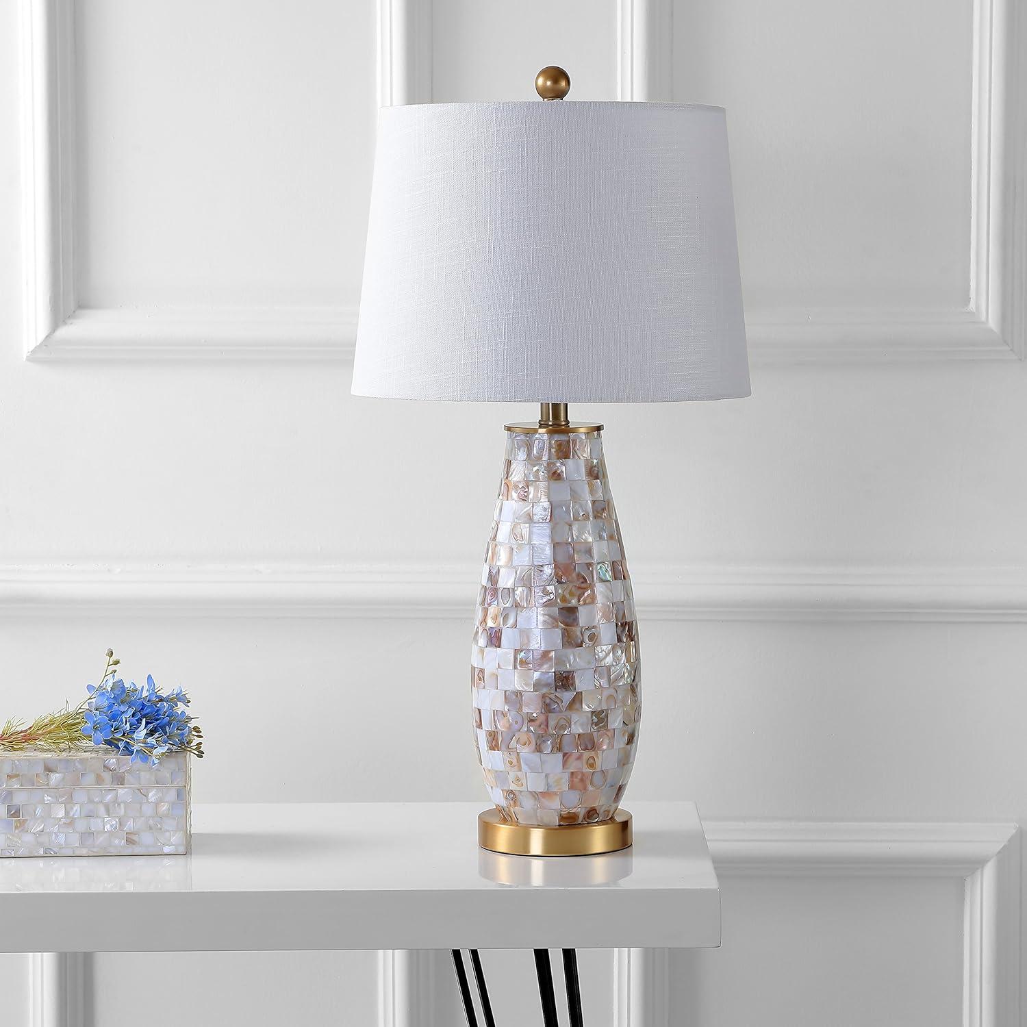 image:imageJONATHAN Y 28 Natural Mosaic Seashell Table Lamp Coastal Contemporary Resin Lamp for Living Room Bedroom White Linen Shade Brass Gold Accents LED Bulb Included JYL4005A