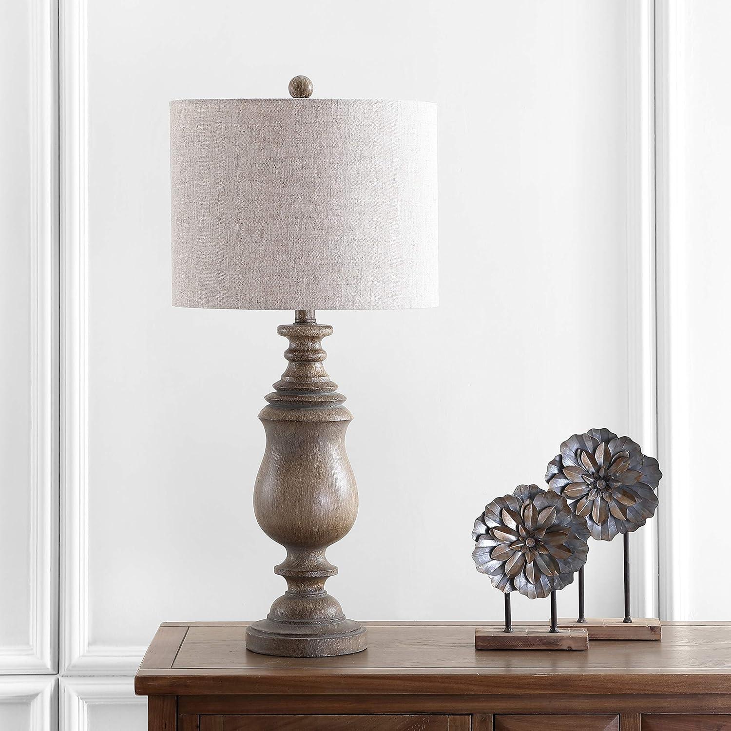 image:imageJONATHAN Y 285 Brown Faux Wood Resin Table Lamp Traditional Balustrade Nightstand Lamp for Living Room Bedroom Gray Linen Drum Shade UL Listed LED Bulb Included JYL3041A