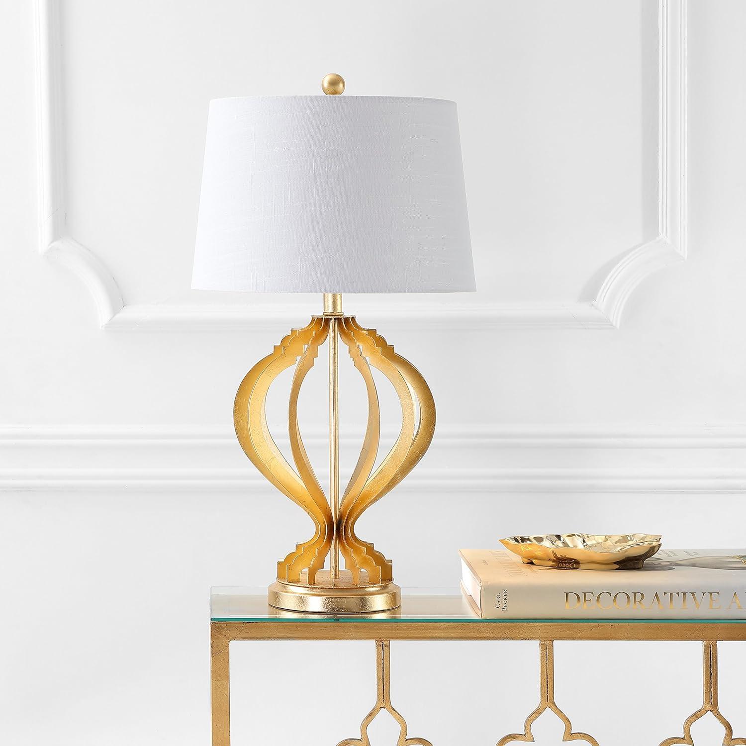 image:imageJONATHAN Y 285 Gold Leaf Sebastian Metal Trellis LED Table Lamp Contemporary Iron Bedside Lamp for Living Room Bedroom White Linen Drum Shade LED Bulb Included JYL3025A