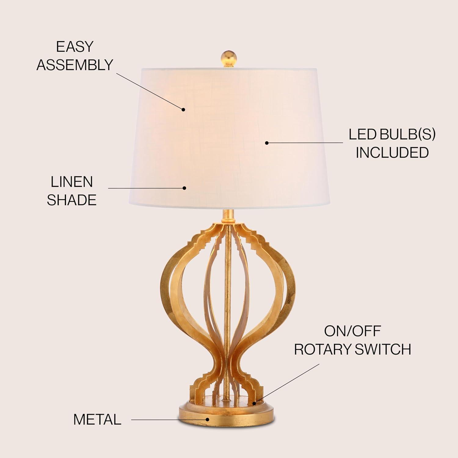 image:imageJONATHAN Y 285 Gold Leaf Sebastian Metal Trellis LED Table Lamp Contemporary Iron Bedside Lamp for Living Room Bedroom White Linen Drum Shade LED Bulb Included JYL3025A
