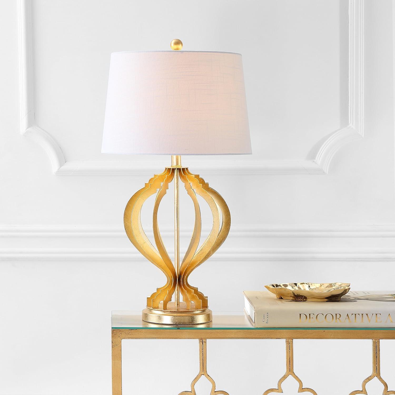 image:imageJONATHAN Y 285 Gold Leaf Sebastian Metal Trellis LED Table Lamp Contemporary Iron Bedside Lamp for Living Room Bedroom White Linen Drum Shade LED Bulb Included JYL3025A
