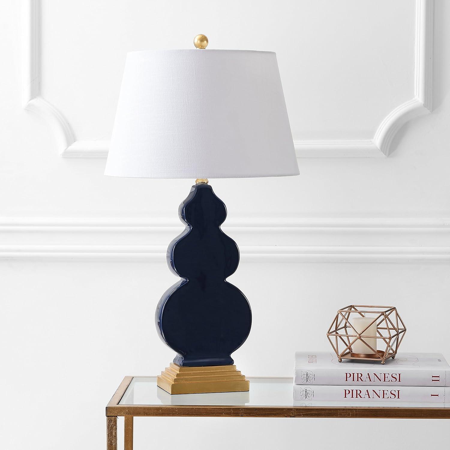 image:imageJONATHAN Y 29 Navy BlueGold Ceramic Table Lamp for Bedroom Modern Bedside Lamp White Linen Shade MidCentury Triple Gourd Desk Lamp for Office LED Bulb Included JYL3018ANavyGold
