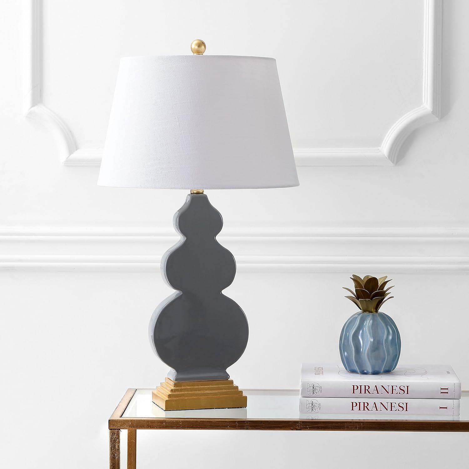 image:imageJONATHAN Y 29 Navy BlueGold Ceramic Table Lamp for Bedroom Modern Bedside Lamp White Linen Shade MidCentury Triple Gourd Desk Lamp for Office LED Bulb Included JYL3018AGreyGold