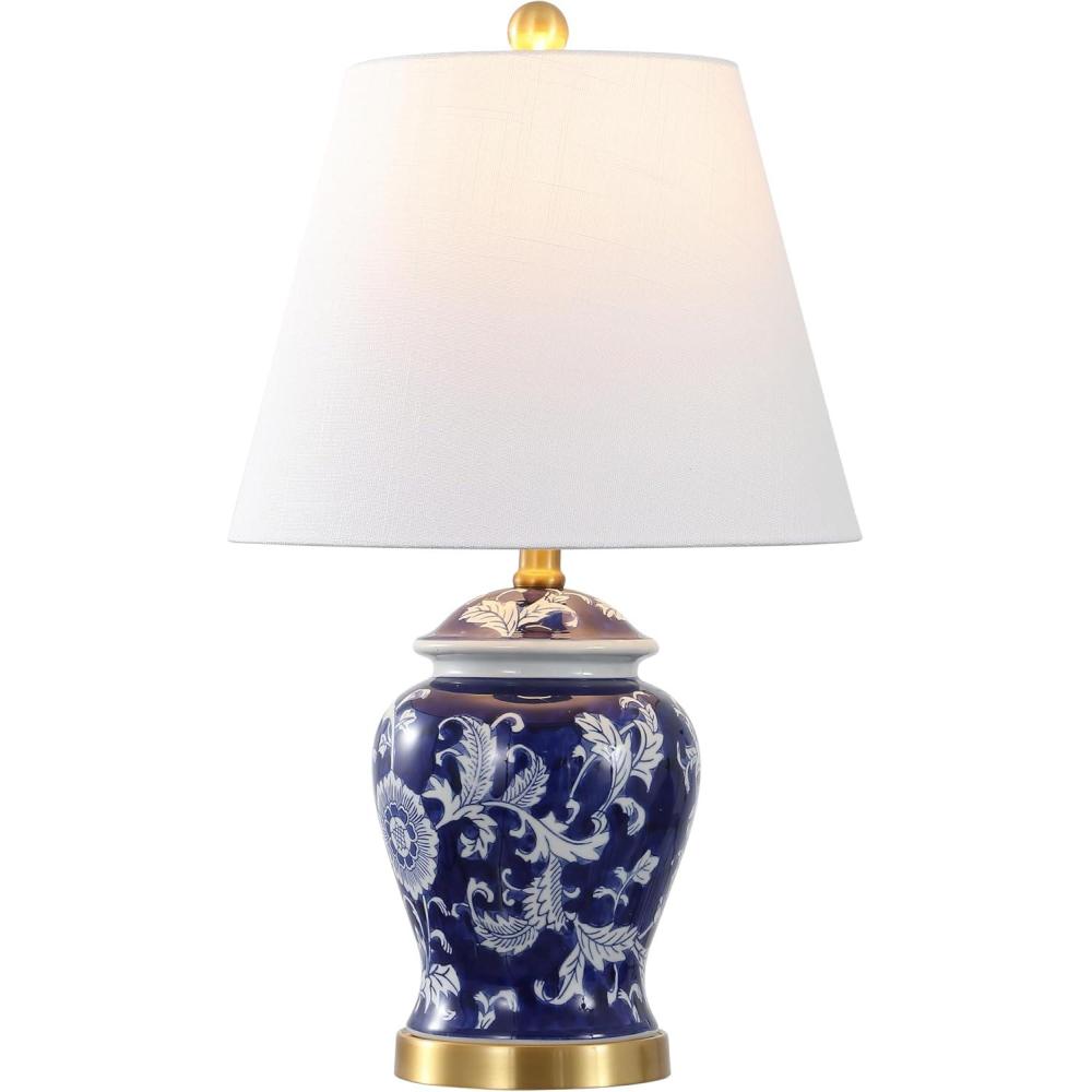 image:imageJONATHAN Y 22 GreenWhite Ceramic Table Lamp French Country Chinoiserie Ginger Jar LED Bedside Lamp for Living Room Bedroom White Linen Shade JYL3005ENavyWhite