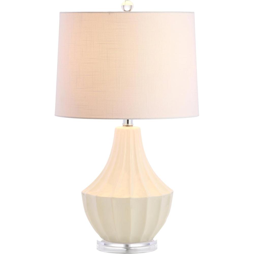 image:imageJONATHAN Y 245 Cream Ceramic Table Lamp for Bedroom Modern Bedside Desk Lamp White Linen Drum Shade Fluted Gourd for Living Room LED Bulb Included JYL8018CCream