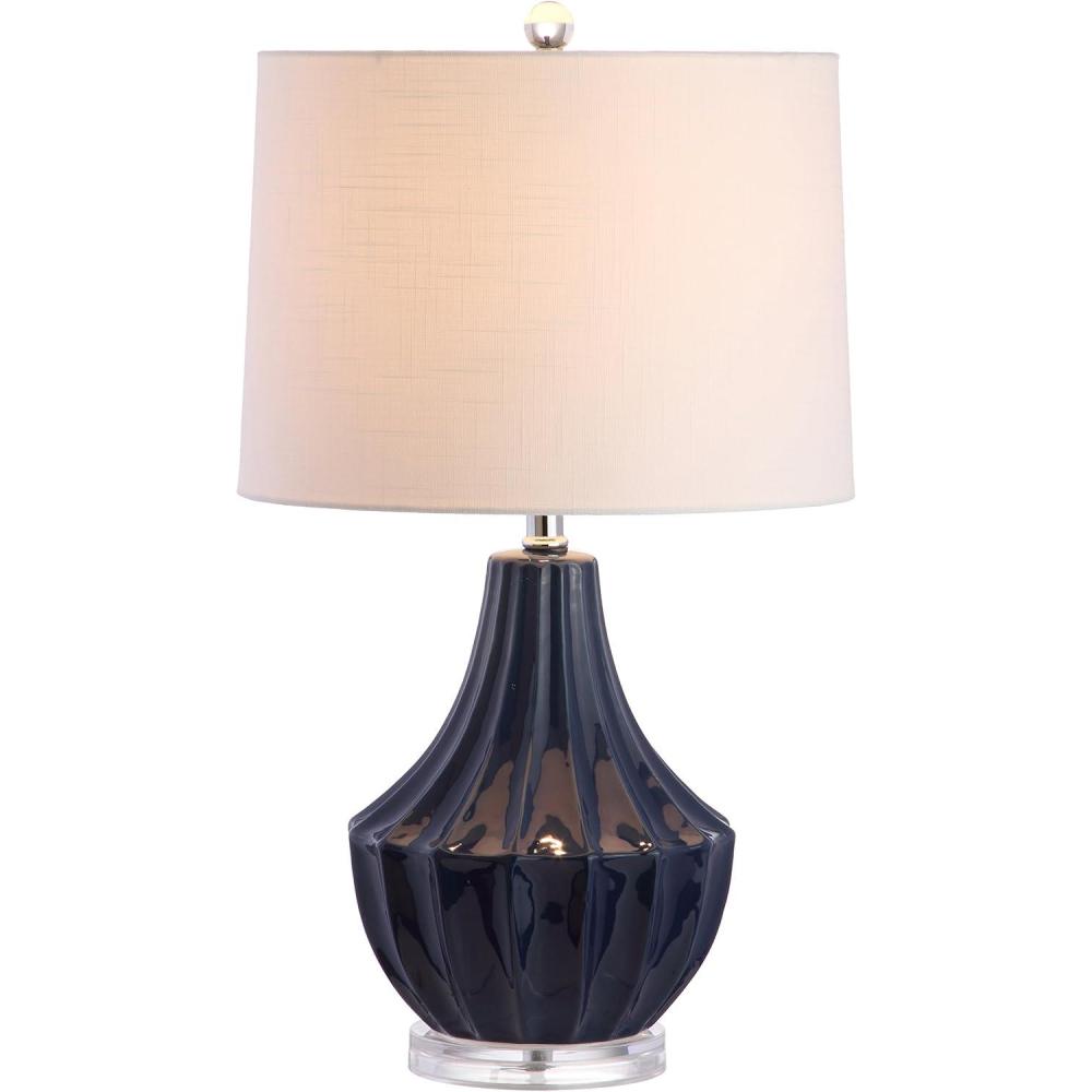 image:imageJONATHAN Y 245 Cream Ceramic Table Lamp for Bedroom Modern Bedside Desk Lamp White Linen Drum Shade Fluted Gourd for Living Room LED Bulb Included JYL8018CNavy