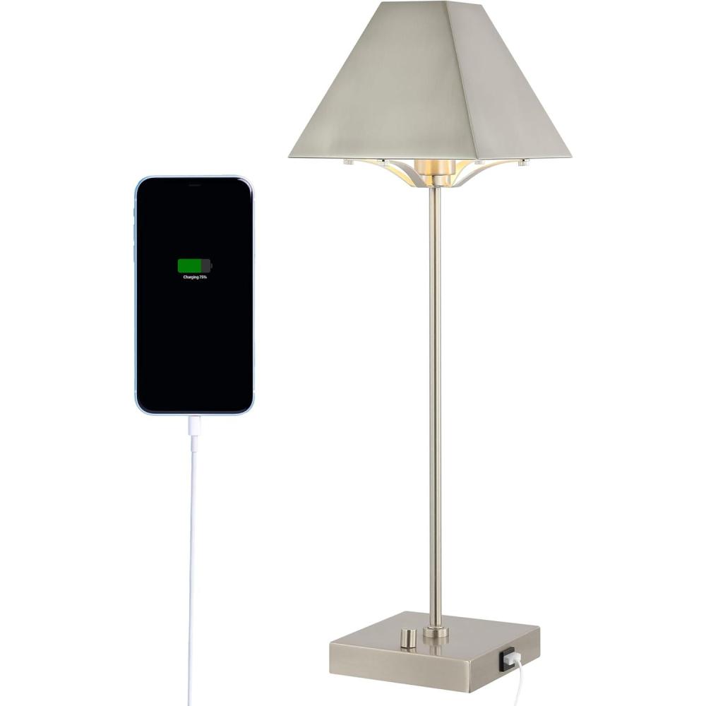 image:imageJONATHAN Y 25 Nickel Industrial Iron Pyramid Bedside LED Table Lamp with USB Charging Port Modern Minimalist Lamp for Bedroom Home Office LED Bulb Included JYL6017A