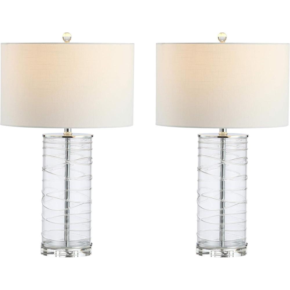image:imageJONATHAN Y 275 Clear Modern Fused Glass Table Lamp Set of 2 for Bedroom Living Room Coastal Nightstand Bedside Lamp with White Linen Shade LED Bulbs Included JYL4016BSET2Clear