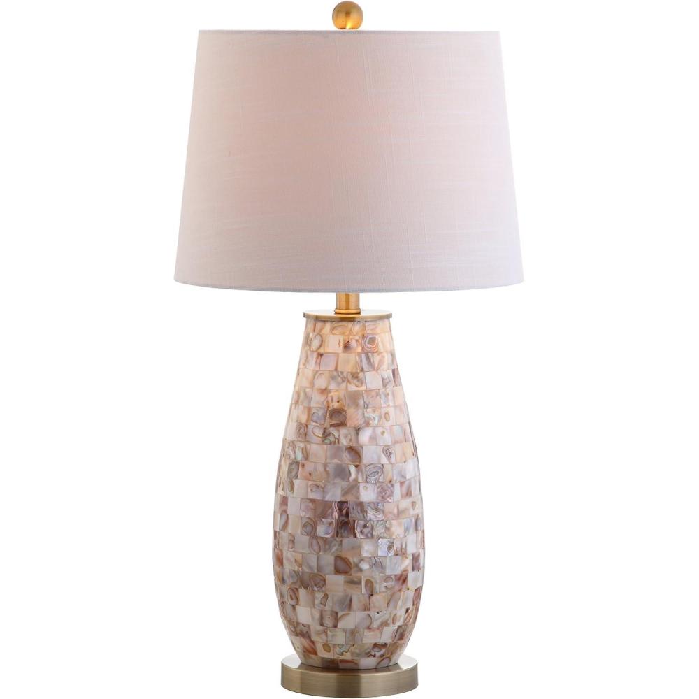image:imageJONATHAN Y 28 Natural Mosaic Seashell Table Lamp Coastal Contemporary Resin Lamp for Living Room Bedroom White Linen Shade Brass Gold Accents LED Bulb Included JYL4005A