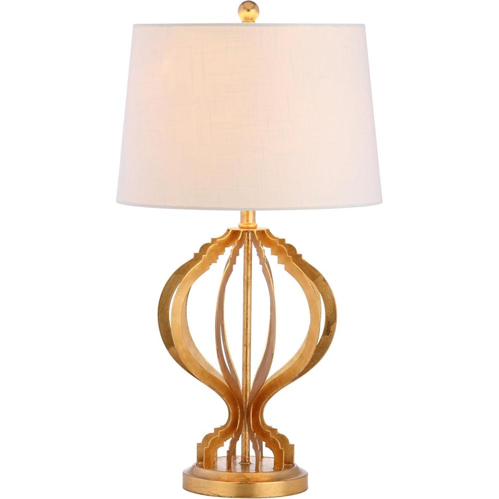 image:imageJONATHAN Y 285 Gold Leaf Sebastian Metal Trellis LED Table Lamp Contemporary Iron Bedside Lamp for Living Room Bedroom White Linen Drum Shade LED Bulb Included JYL3025A