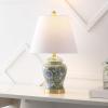 JONATHAN Y 22″ Green/White Ceramic Table Lamp, French Country Chinoiserie Ginger Jar LED Bedside Lamp for Living Room Bedroom, White Linen Shade (JYL3005E)(Green/White)