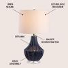 JONATHAN Y 24.5″ Cream Ceramic Table Lamp for Bedroom, Modern Bedside Desk Lamp, White Linen Drum Shade, Fluted Gourd for Living Room, LED Bulb Included (JYL8018C)(Navy)