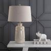 JONATHAN Y 26″ Cream Textured Ceramic Table Lamp, Transitional Boho Geometric Trellis Bedside Lamp for Bedroom Living Room, Gray Linen Drum Shade, LED Bulb Included JYL4018A