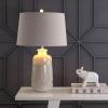 JONATHAN Y 26″ Cream Textured Ceramic Table Lamp, Transitional Boho Geometric Trellis Bedside Lamp for Bedroom Living Room, Gray Linen Drum Shade, LED Bulb Included JYL4018A