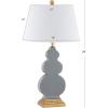 JONATHAN Y 29″ Navy Blue/Gold Ceramic Table Lamp for Bedroom Modern Bedside Lamp, White Linen Shade, Mid-Century Triple Gourd Desk Lamp for Office, LED Bulb Included JYL3018A(Grey/Gold)