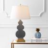 JONATHAN Y 29″ Navy Blue/Gold Ceramic Table Lamp for Bedroom Modern Bedside Lamp, White Linen Shade, Mid-Century Triple Gourd Desk Lamp for Office, LED Bulb Included JYL3018A(Grey/Gold)