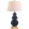 JONATHAN Y 29″ Navy Blue/Gold Ceramic Table Lamp for Bedroom Modern Bedside Lamp, White Linen Shade, Mid-Century Triple Gourd Desk Lamp for Office, LED Bulb Included JYL3018A(Navy/Gold)