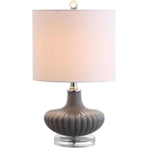 JONATHAN Y 18″ Gray Fluted Glass and Lucite Table Lamp, Contemporary Teardrop Bedside Lamp with White Linen Drum Shade for Nightstand, Console Table, LED Bulb Included JYL1032A