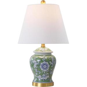 JONATHAN Y 22″ Green/White Ceramic Table Lamp, French Country Chinoiserie Ginger Jar LED Bedside Lamp for Living Room Bedroom, White Linen Shade (JYL3005E)(Green/White)